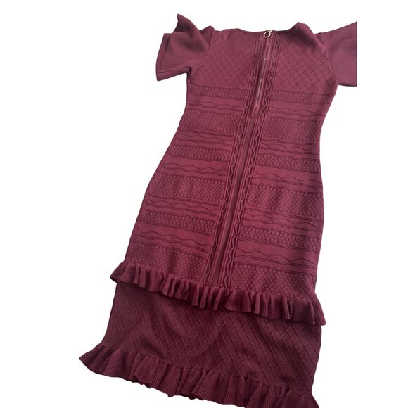 Bohme Knit Textured Burgundy Dress With Ruffle Trim & Puff Sleeves .Size L - Picture 7 of 10